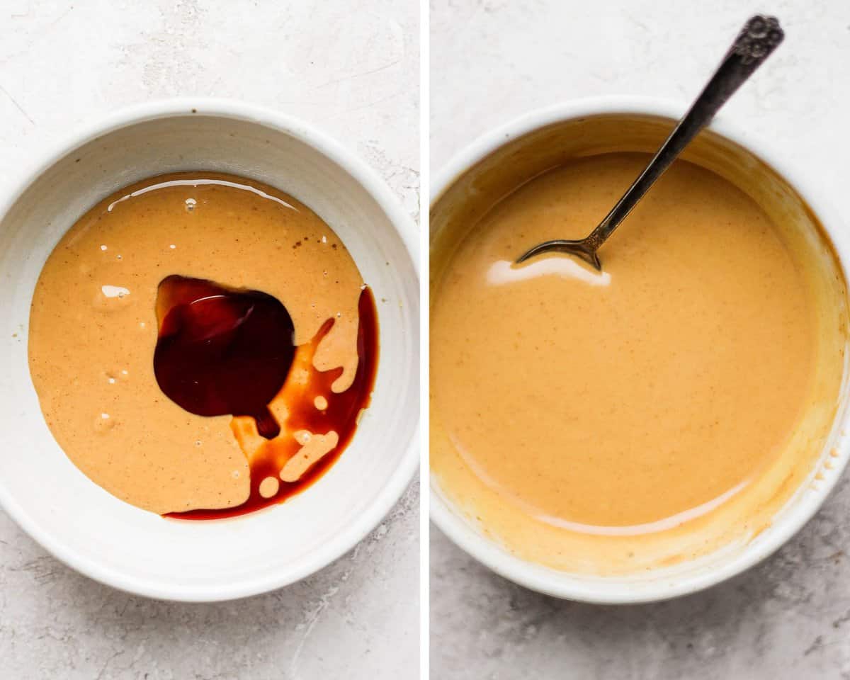A side by side image showing peanut sauce ingredients in a bowl. The image next to it shows those ingredients mixed together with a spoon. 