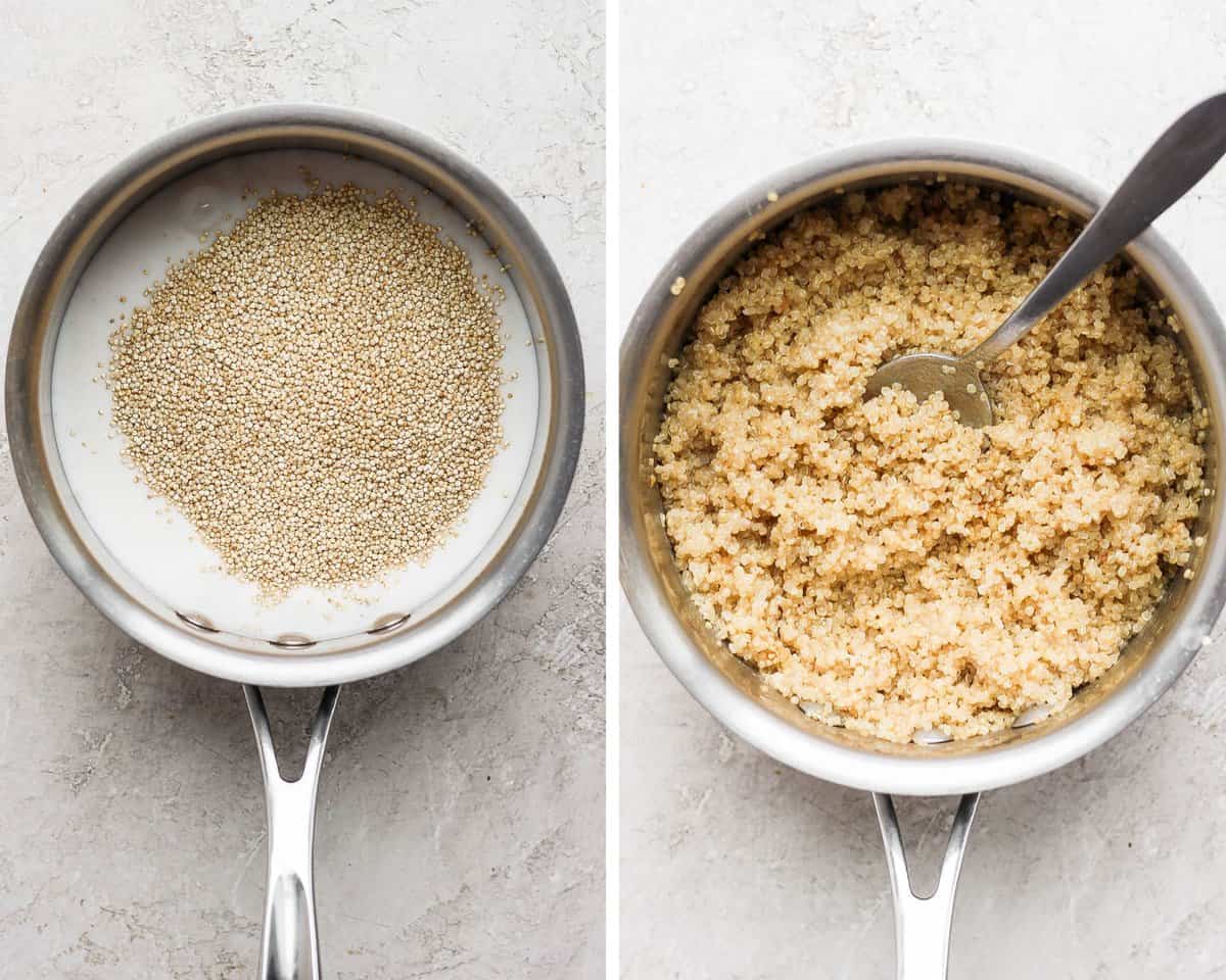 A side by side image of quinoa and coconut milk in a sauce pan.  The image next to it shows the quinoa cooked in that same sauce pan.
