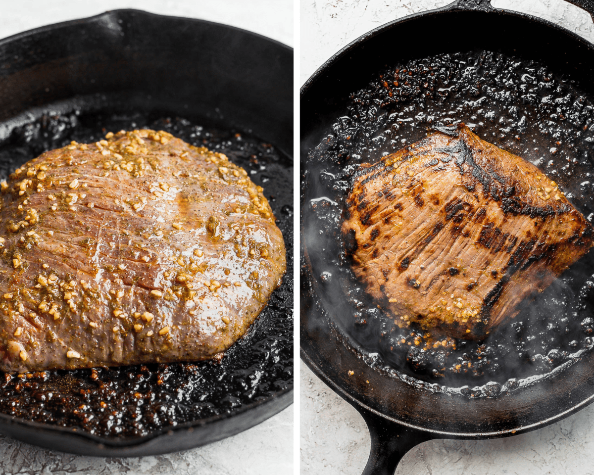 Two images showing the marinated steak cooking in the cast iron skillet.