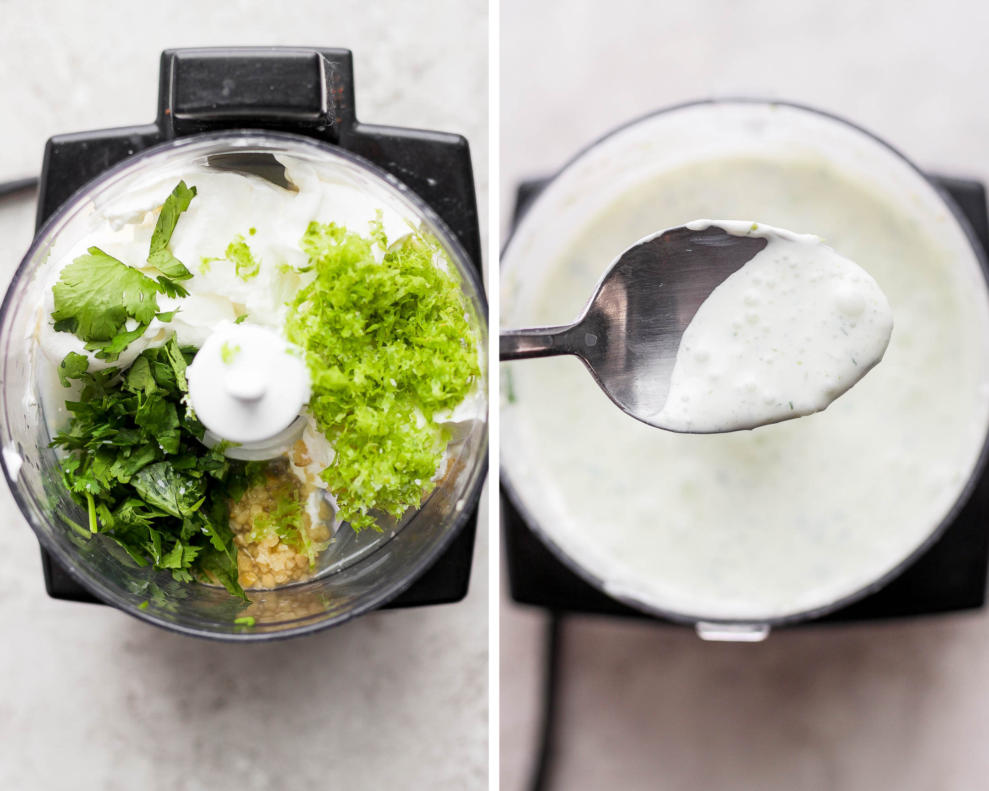 Two images showing the cilantro lime sauce in a food processor before blending and after.
