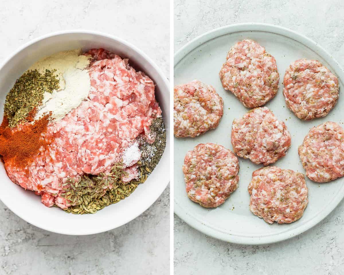 Two images showing the ingredients for breakfast sausage in one bowl and then made into small patties on a plate.