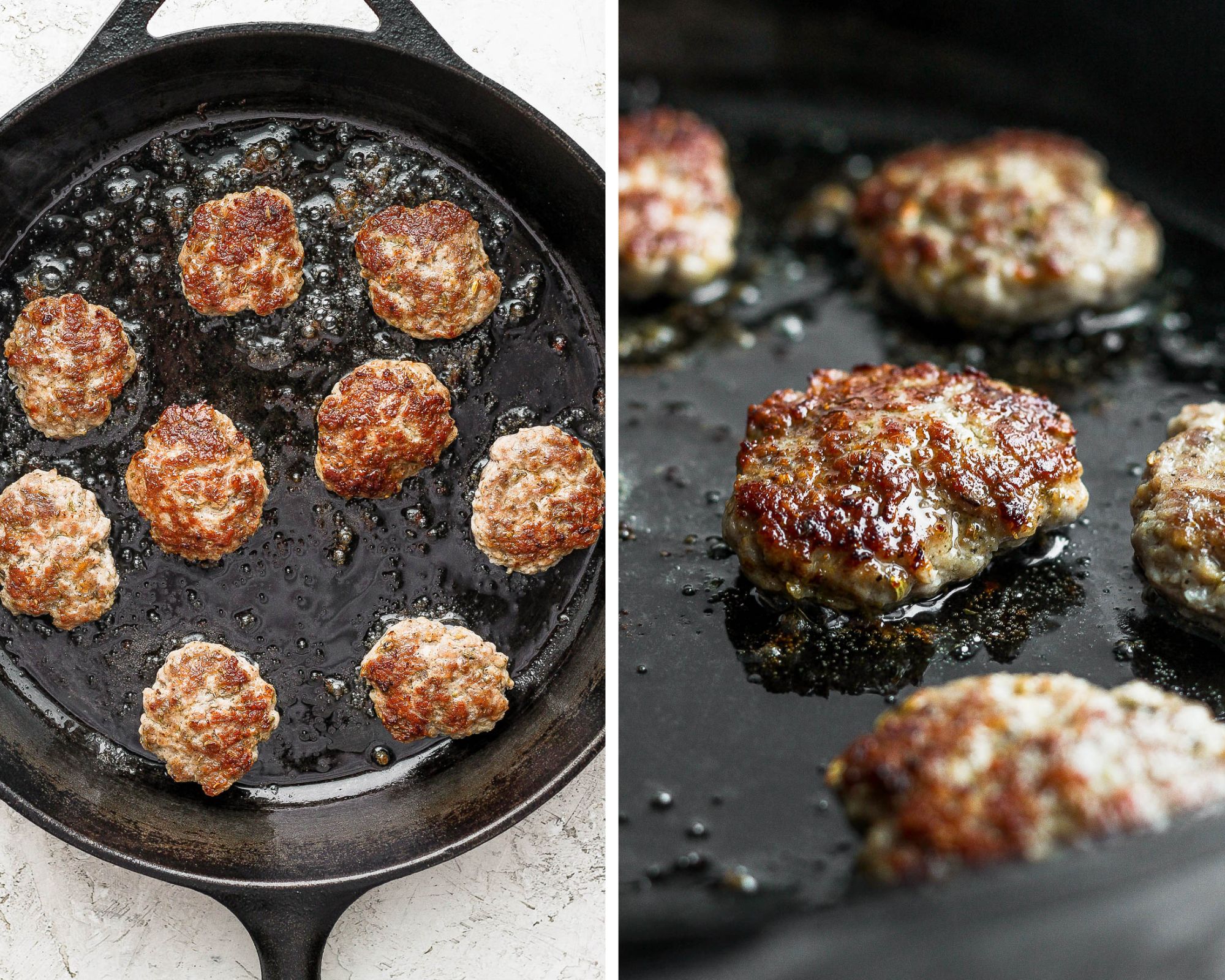 Two images showing the sausage patties cooking in a cast iron skillet.