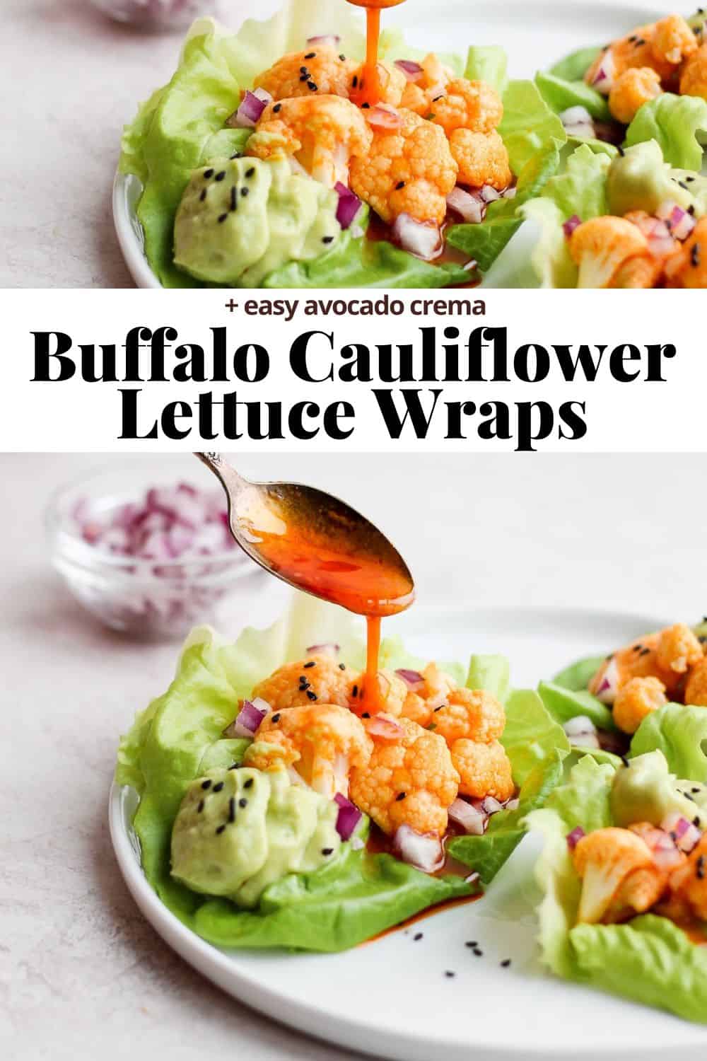 Pinterest image for buffalo cauliflower lettuce wraps.