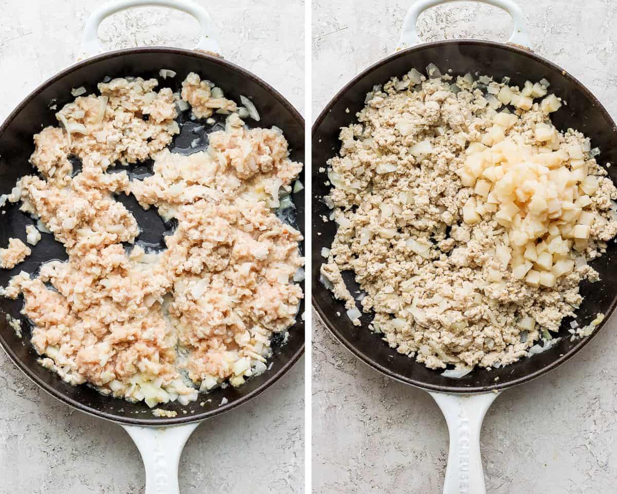 Two images showing the ground chicken added to the skillet and then the water chestnuts added.