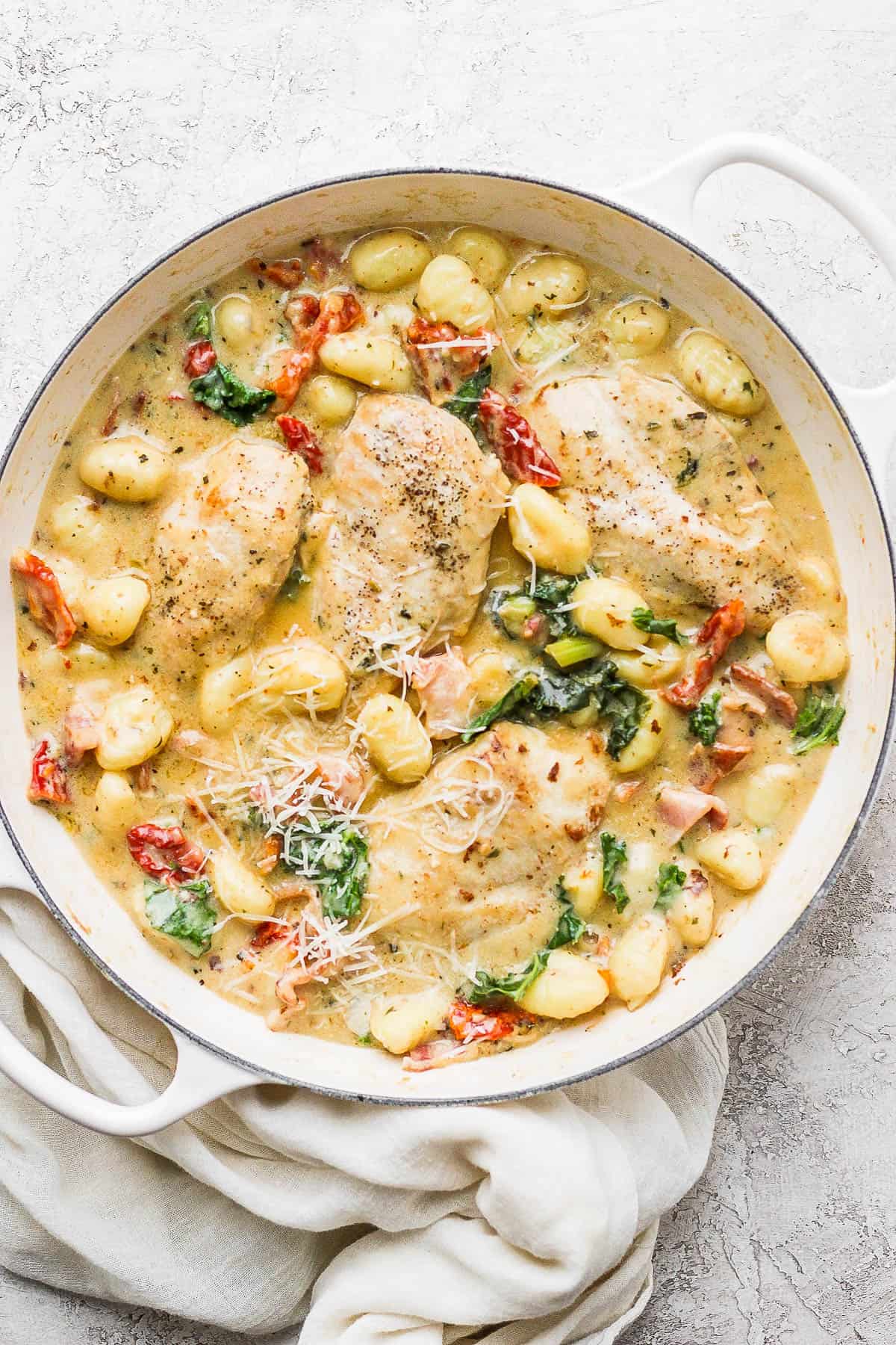 The best creamy tuscan chicken recipe with gnocchi.