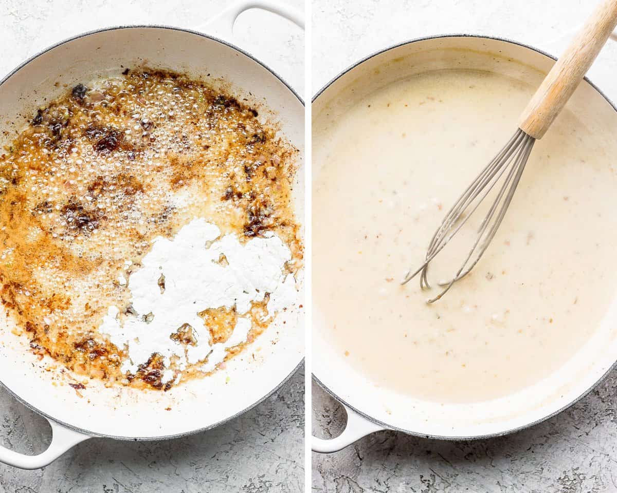 Two images showing flour added and then the cream whisked in.