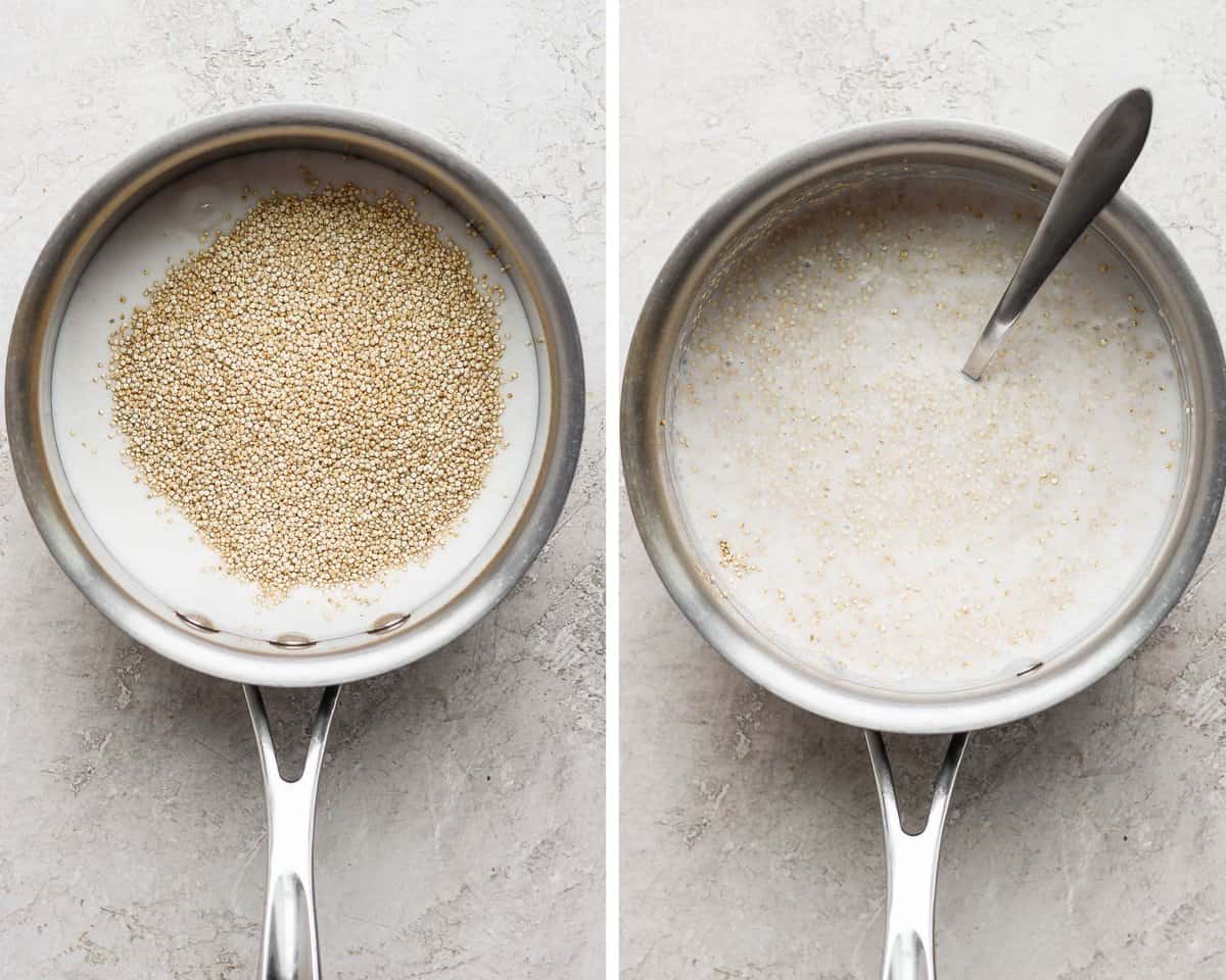 A side by side photo, with the first photo showing quinoa added to the sauce pan on coconut milk.  The photo beside it shows the quinoa mixed into the coconut milk in the sauce pan. 