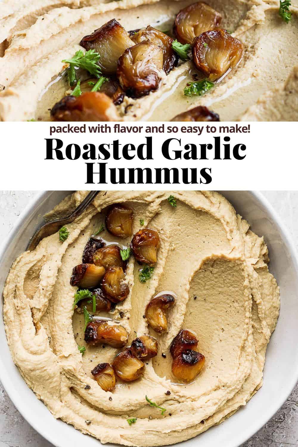 Pinterest image for roasted garlic hummus.