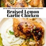 Pinterest image for braised lemon garlic chicken.