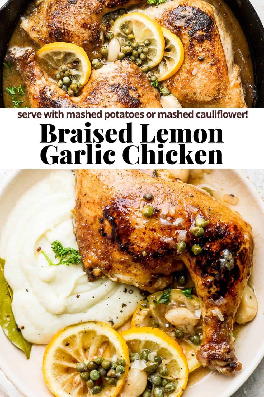 Pinterest image of braised lemon garlic chicken.