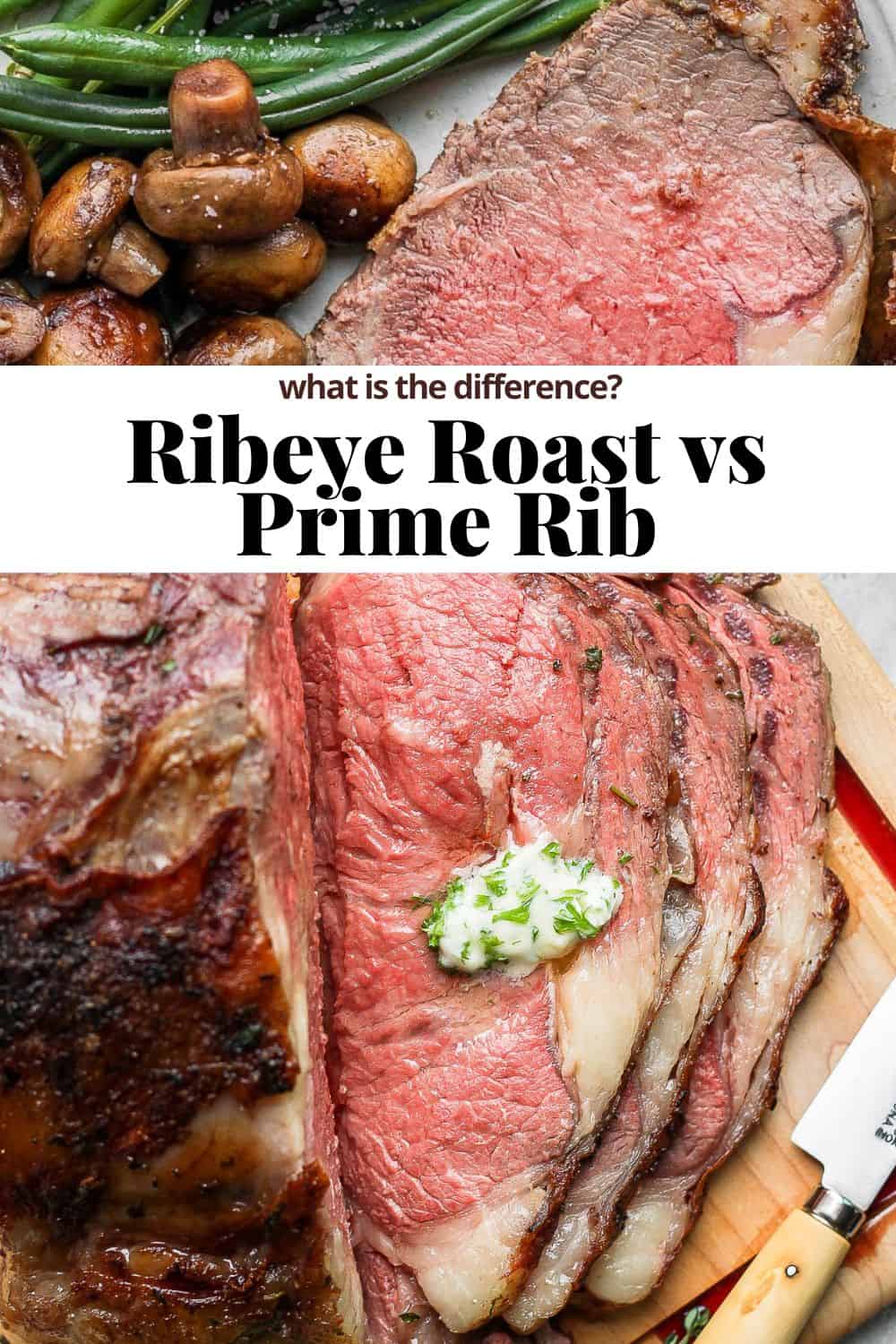 Pinterest pin with two pictures of a sliced, smoked prime rib with the text overlay "Ribeye Roast vs. Prime Rib - what is the difference."
