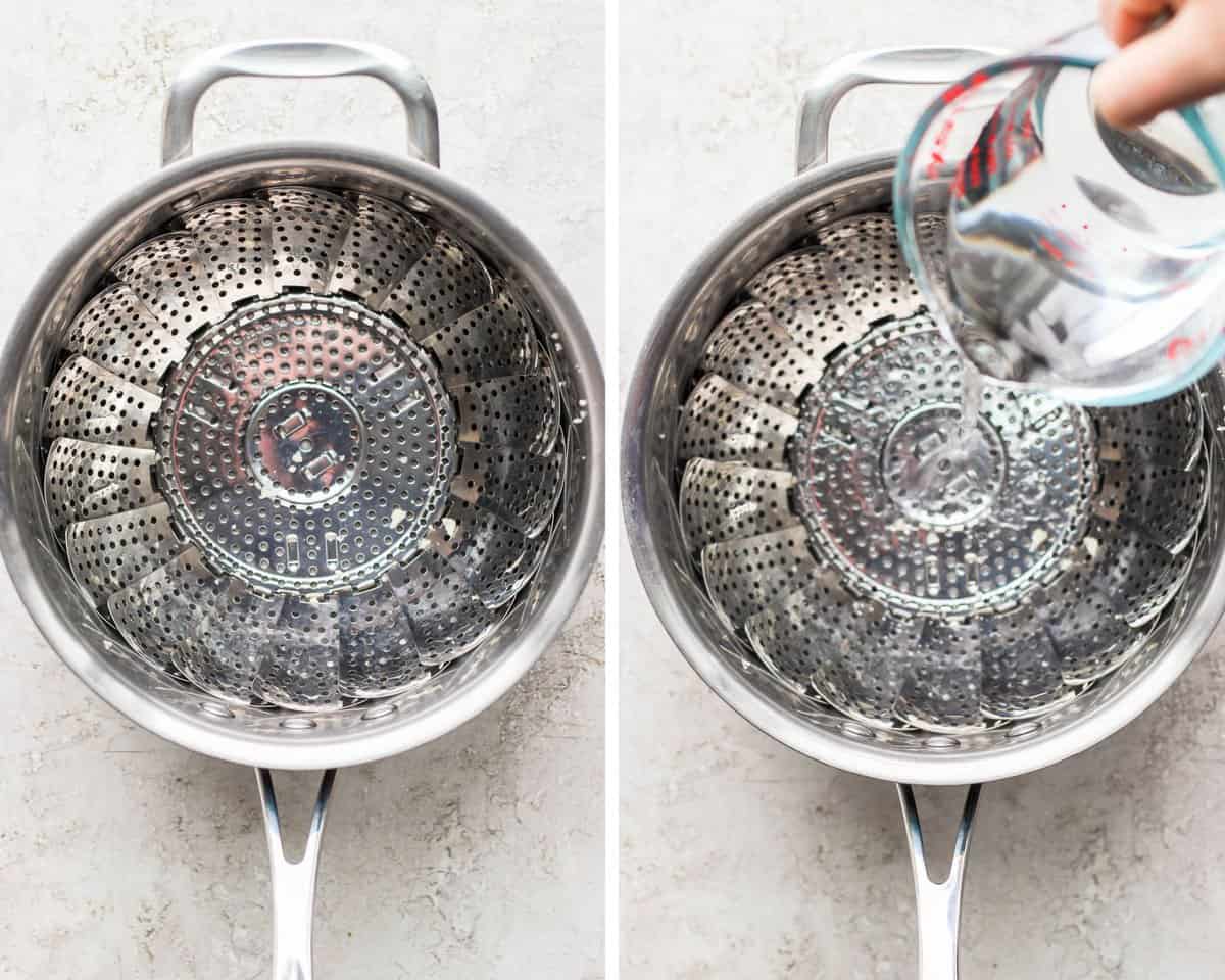 Two images showing the steamer basket in the saucepan and water being poured in.