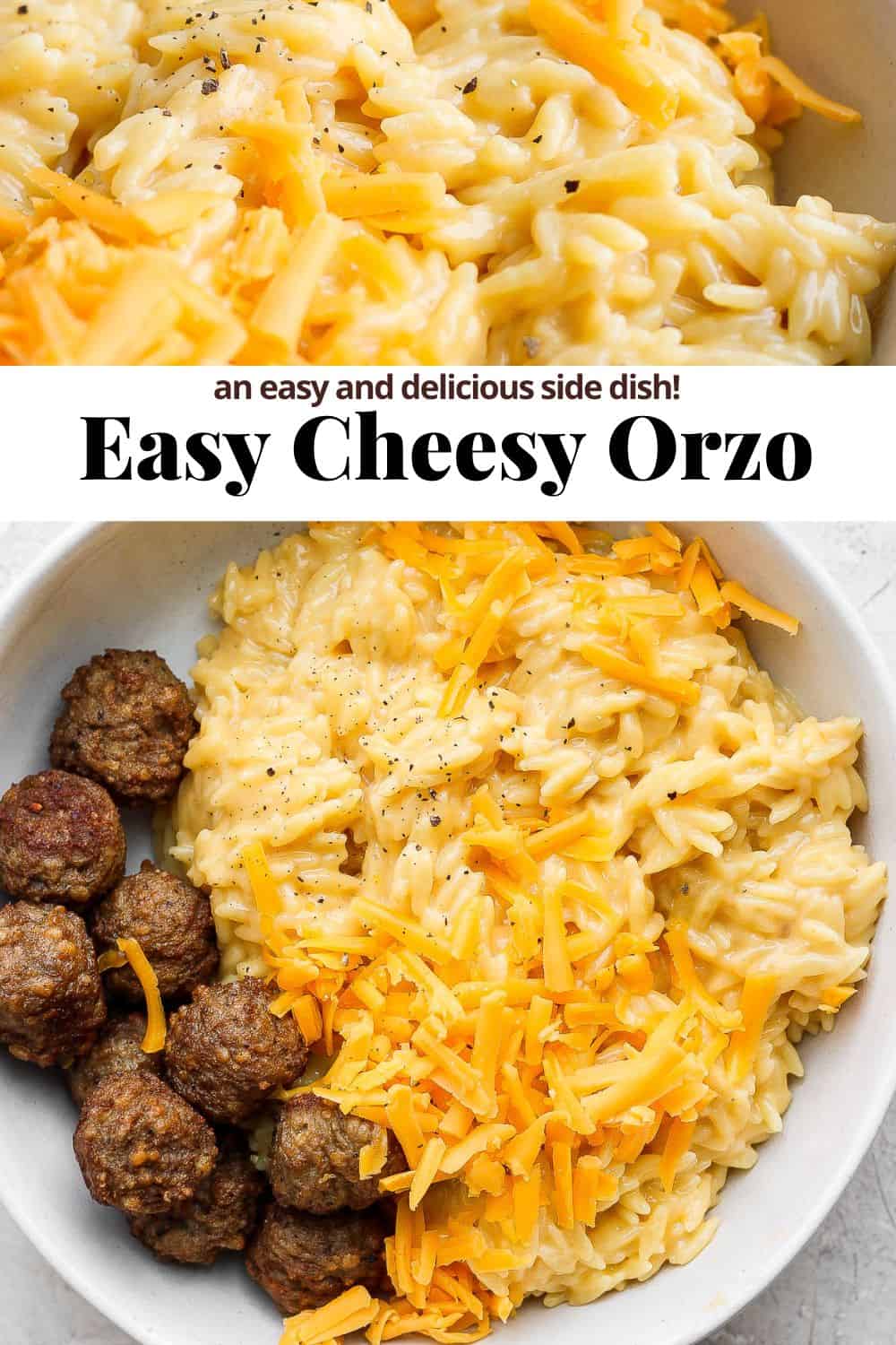 Pinterest image for cheesy orzo.