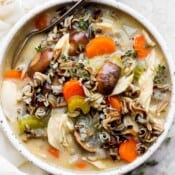 Bowl of chicken and wild rice soup.