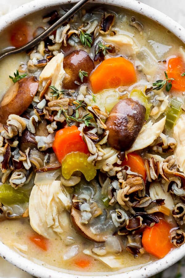 Bowl of chicken and wild rice soup.