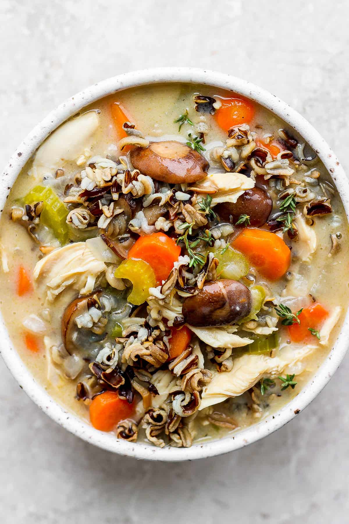 Chicken and wild rice soup in a serving bowl.