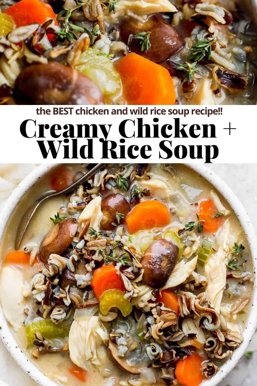 Pinterest image showing a close up of soup on the top, the recipe title in the middle, and a bowl of soup on the bottom.