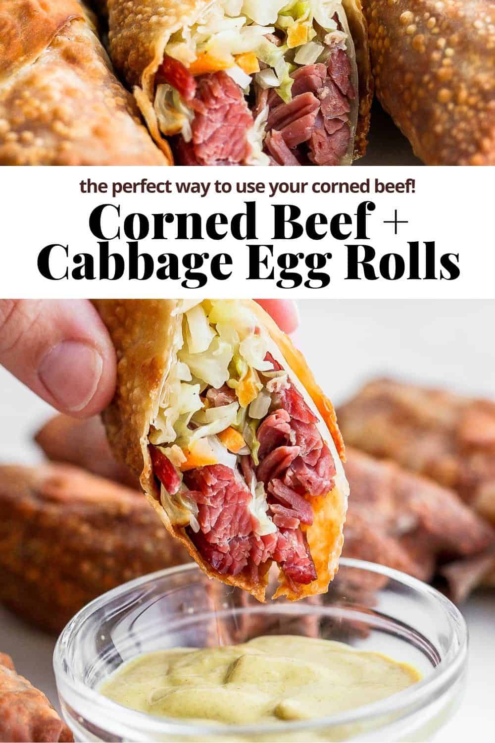 Pinterest image for corned beef and cabbage egg rolls.