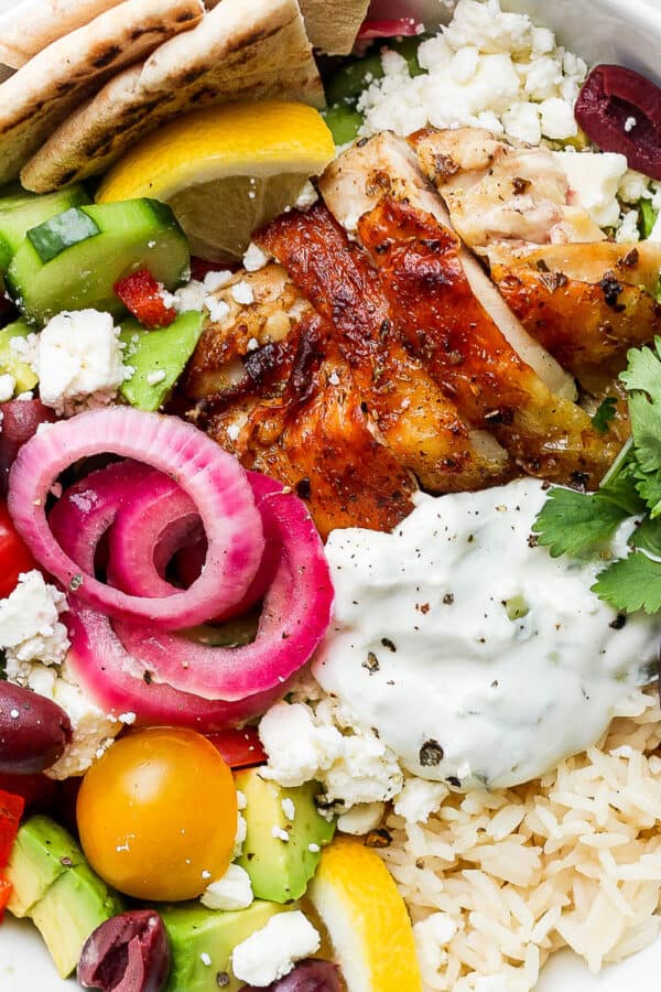 The best recipe for a greek chicken bowl.