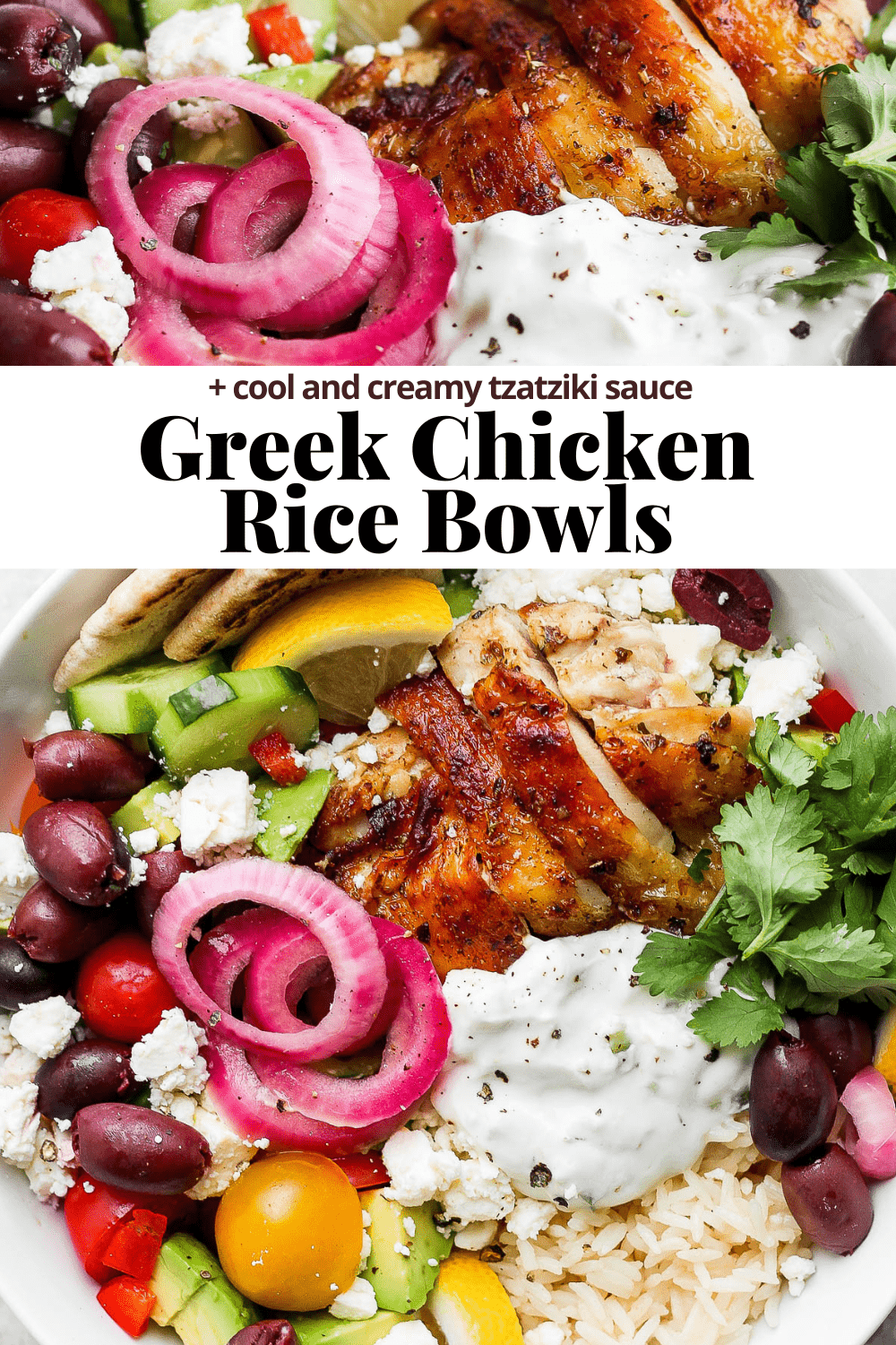 PInterest image for greek chicken bowls.
