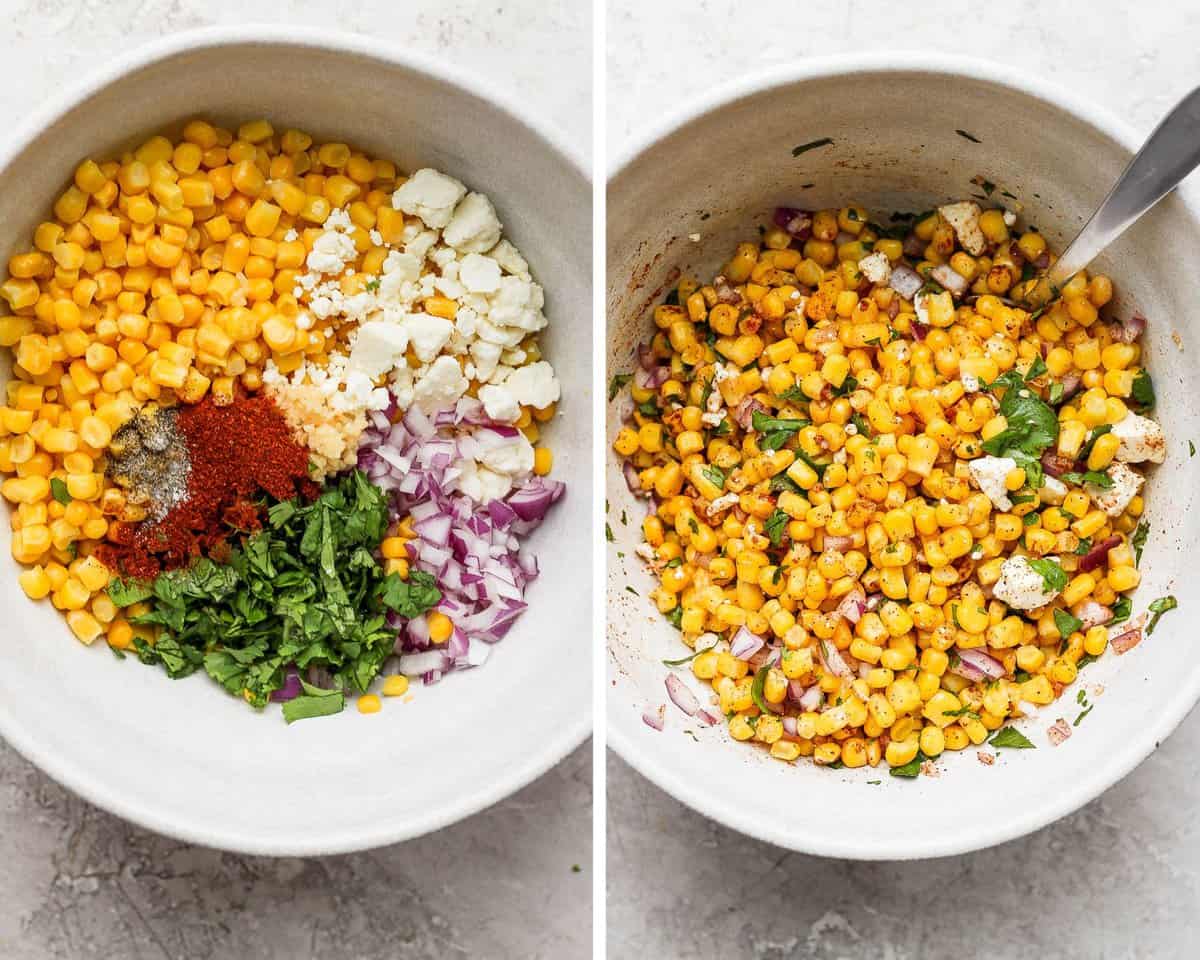 A bowl showing all of the corn mixture ingredients; corn, feta, onion, cilantro, lime juice, garlic, chili powder, paprika, salt and pepper.  The second image shows all of those ingredients mixed together in a small mixing bowl.