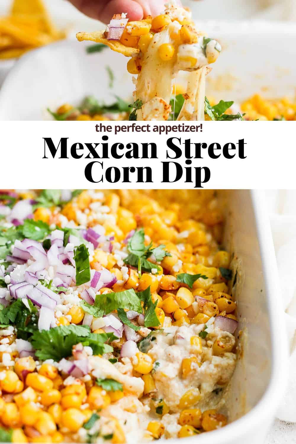Pinterest image showing the hand pulling a scoop of the dip away from the dish, the recipe title. and then the completed dip in the baking dish.