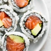 A plate of spicy salmon rolls.