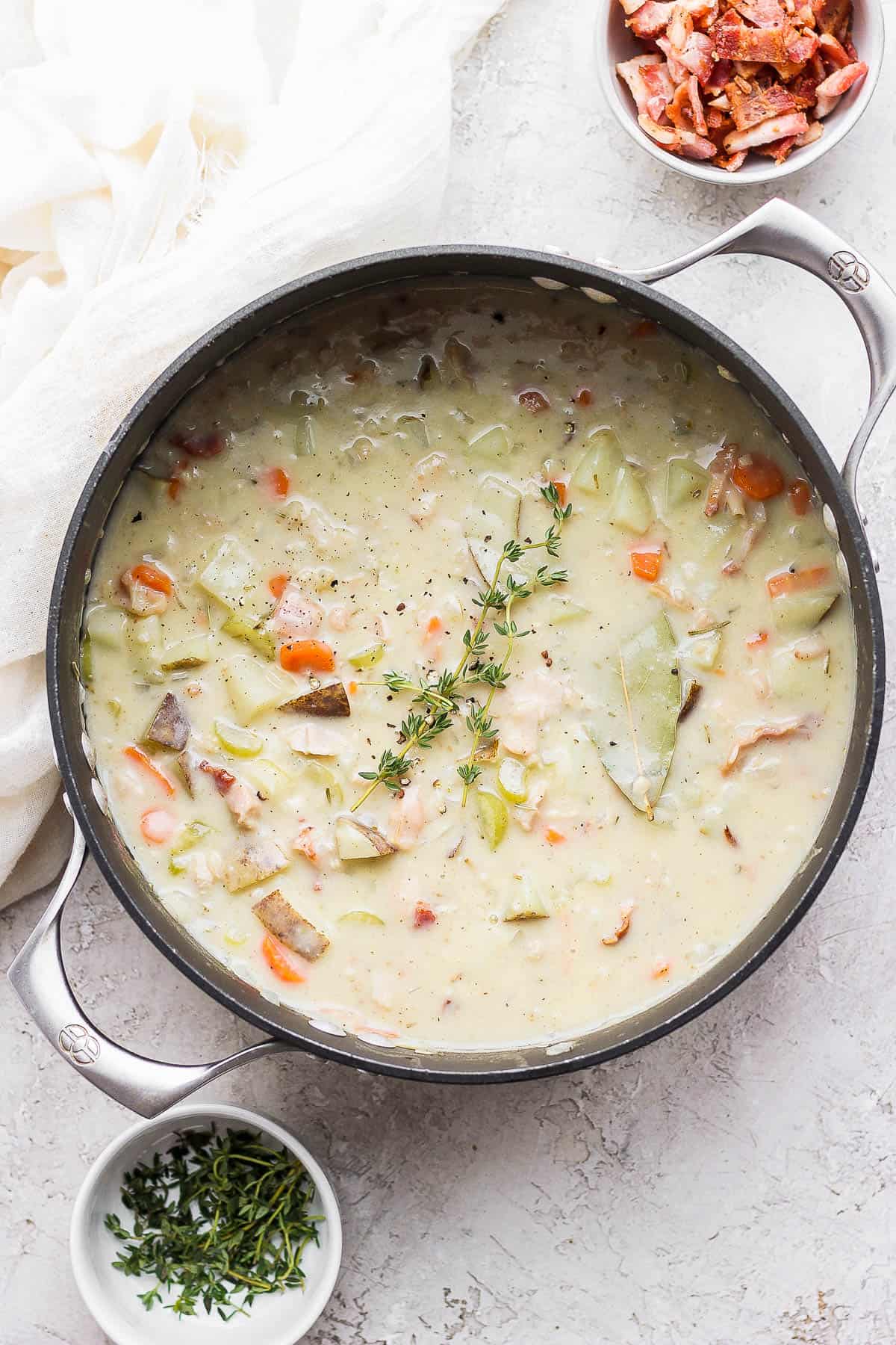 Dairy Free clam chowder in a soup pot.