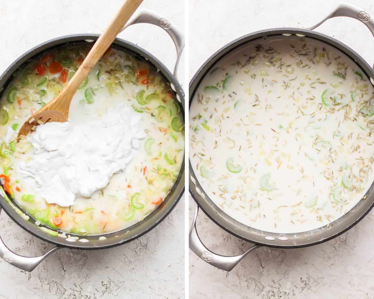Two images showing chicken broth and coconut milk added and then fully mixed in.