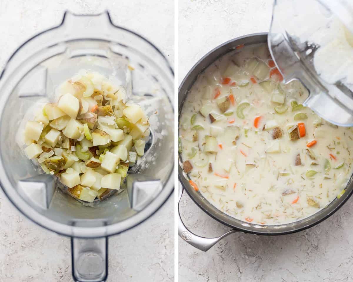 Two images showing the cooked potatoes added to a blender and then being added back to the pot after blending.