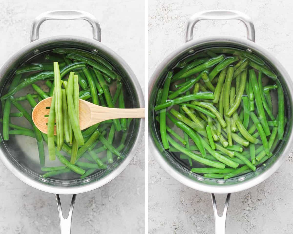 A sauce pan filled with boiling water with a wooden slotted spoon lifting a few out of the water. The image next to it shows all of the beans submerged in a the boiling water.