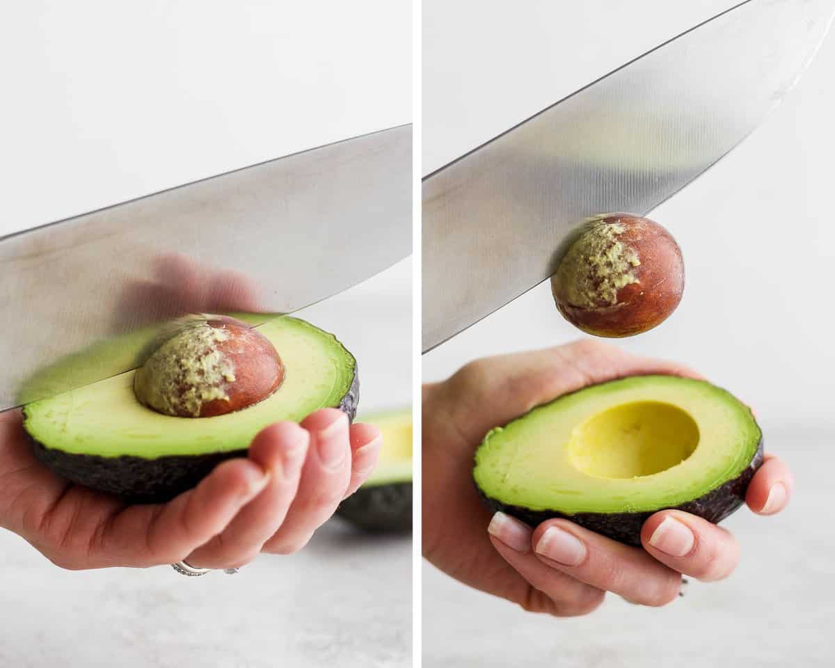 Two images showing the knife in the avocado pit and then the knife removing that pit.
