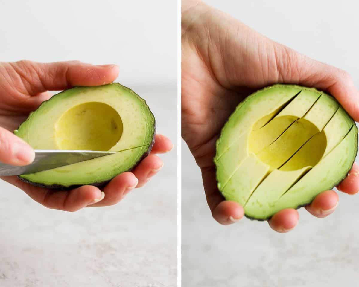 Two images showing the first vertical slice in the avocado half and then the avocado half fully cut into slices.
