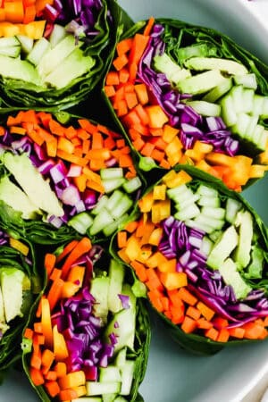 Easy veggies wraps with the best ginger tahini dressing.