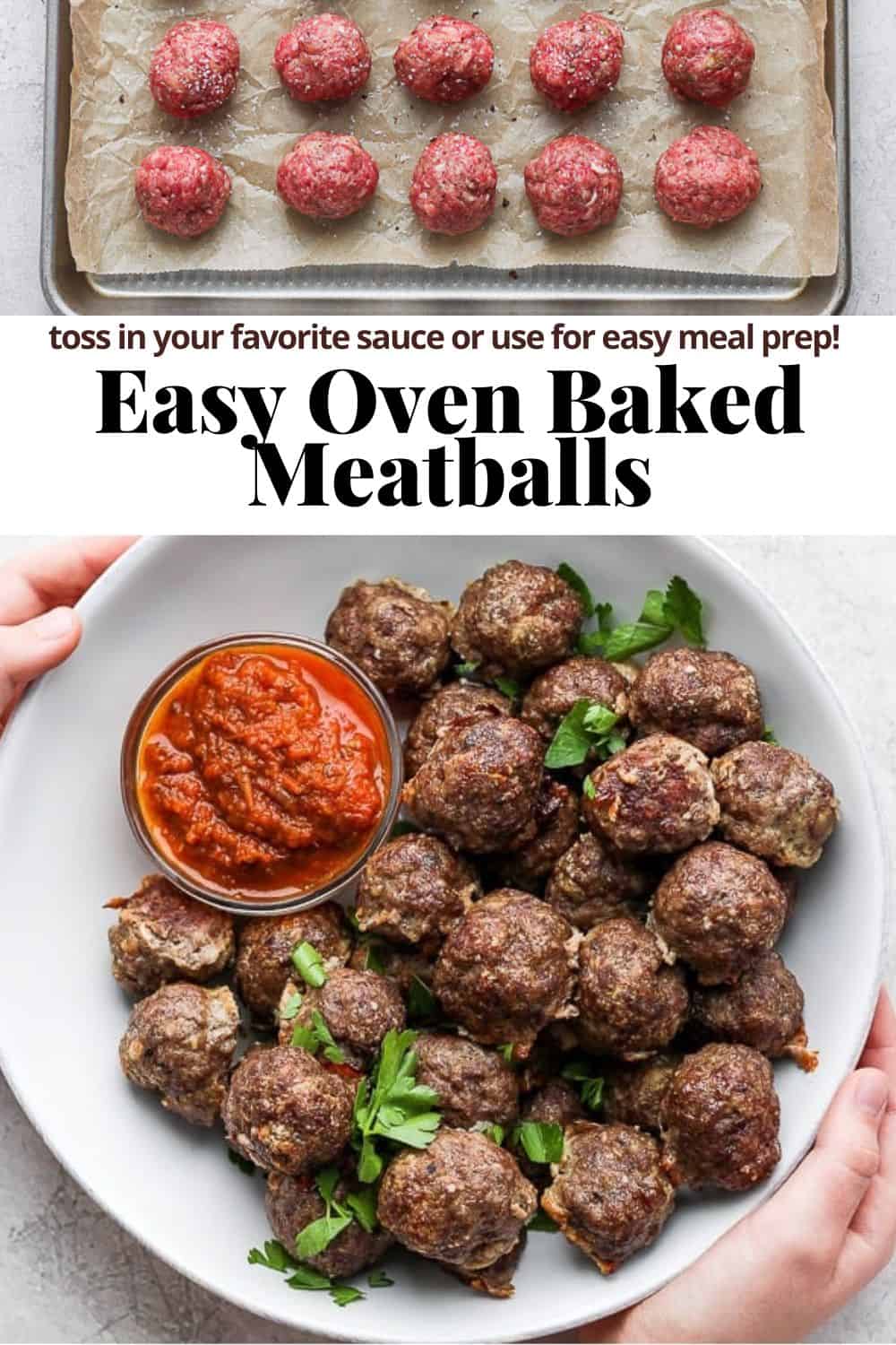 Pinterest image for oven baked meatballs.