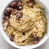 Vegan mushroom stroganoff in a white bowl.