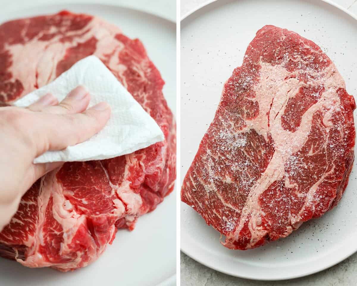 Two images showing the chuck roast being pat dry and then seasoned with salt & pepper.