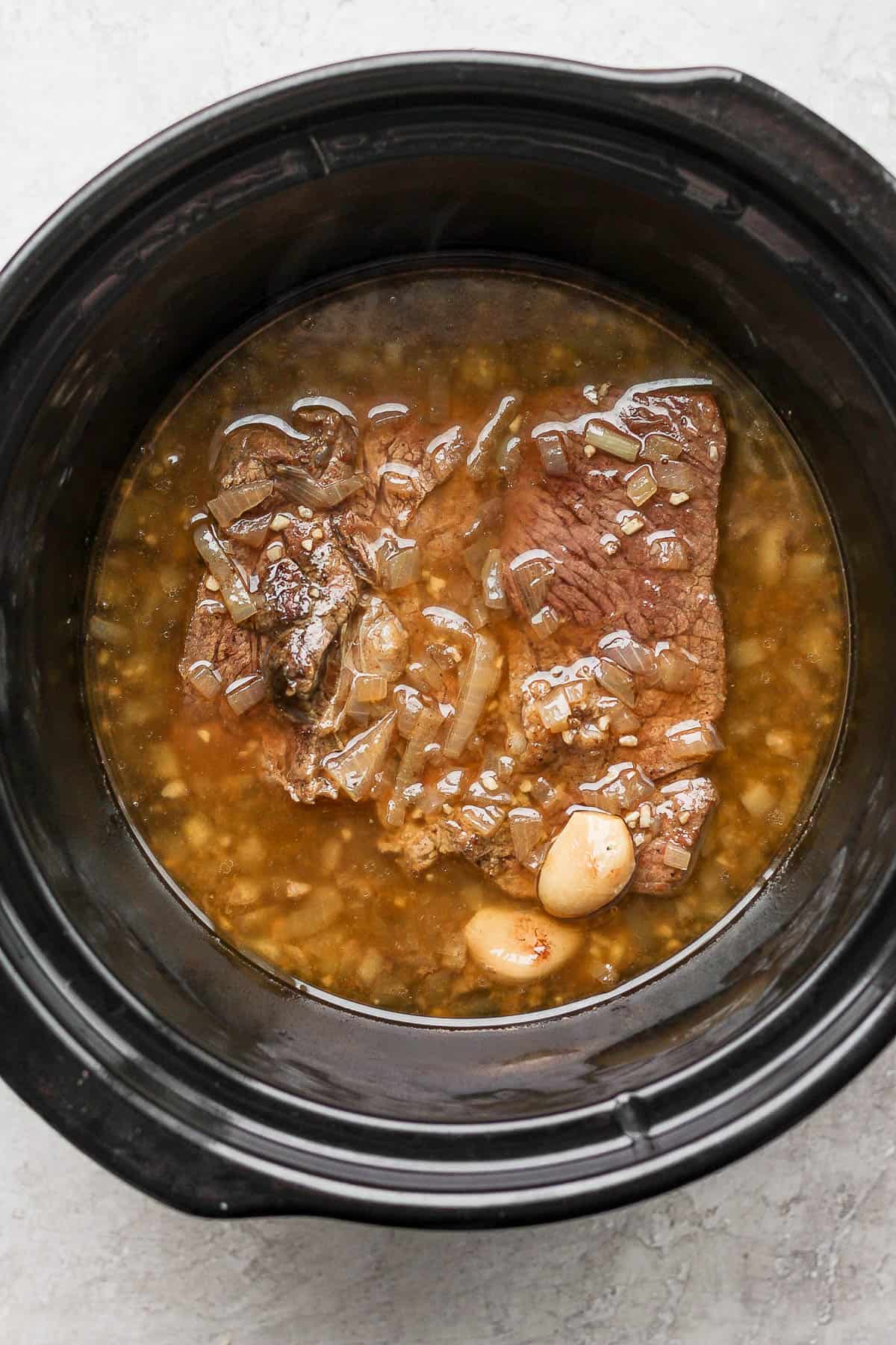 Everything in the slow cooker after cooking for 8 hours on low.