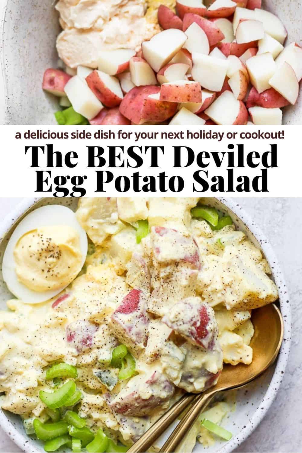 Pinterest image for the best deviled egg potato salad recipe.