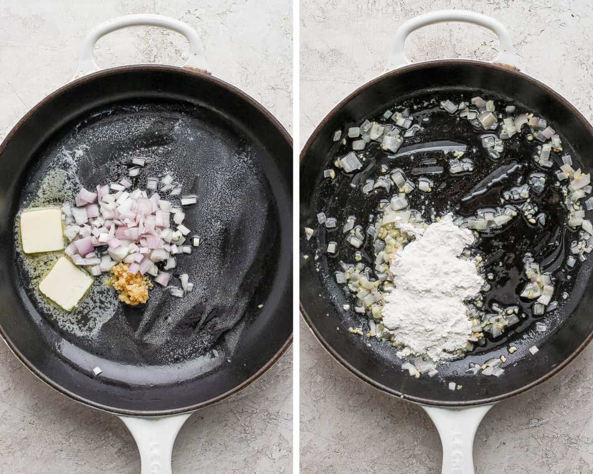 A cast iron skillet with butter, minced onion, and minced garlic. The same skillet with the butter melted and flour added.