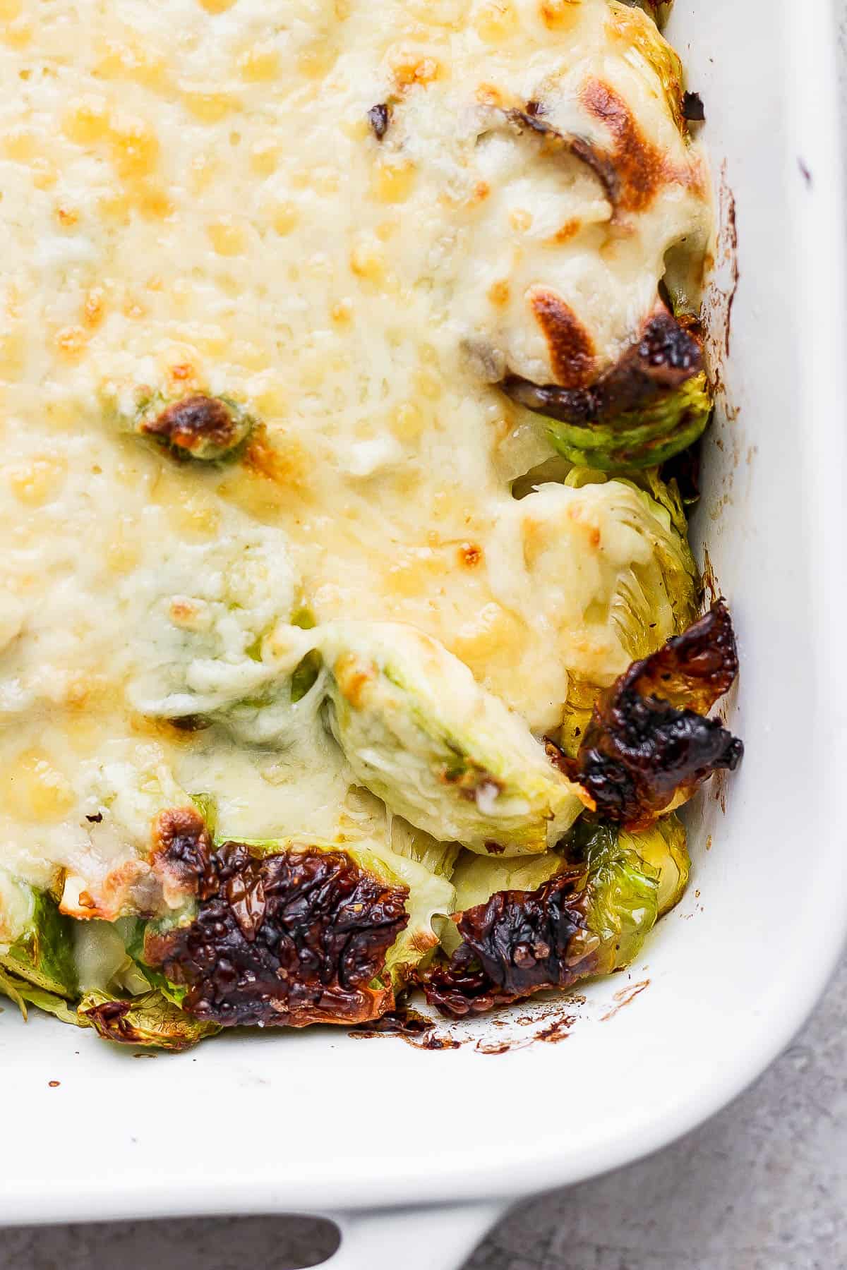 A close up of a corner of the brussels sprouts au gratin.