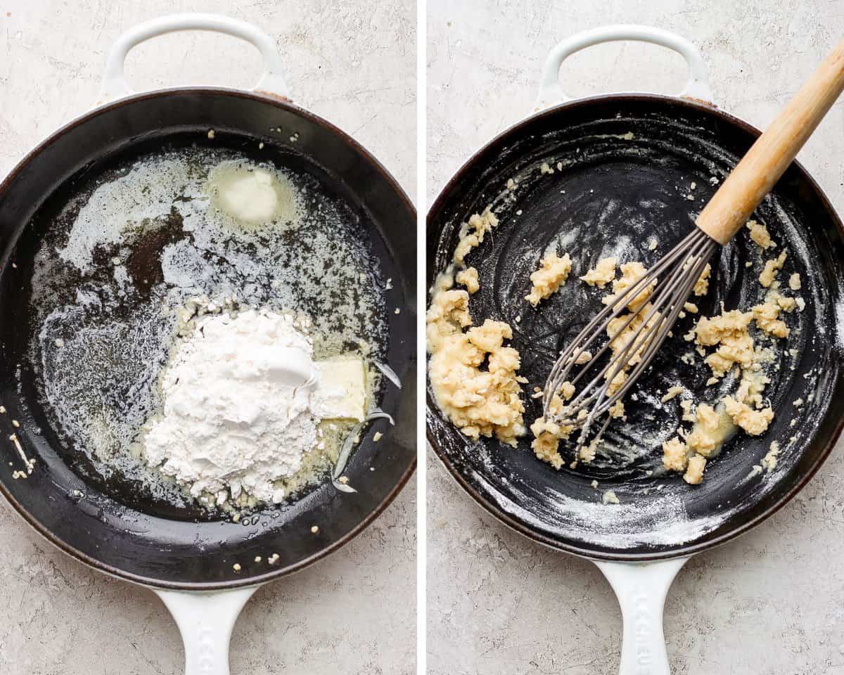 Two images showing the flour added to the skillet and then a whisk in the skillet to form a roux.