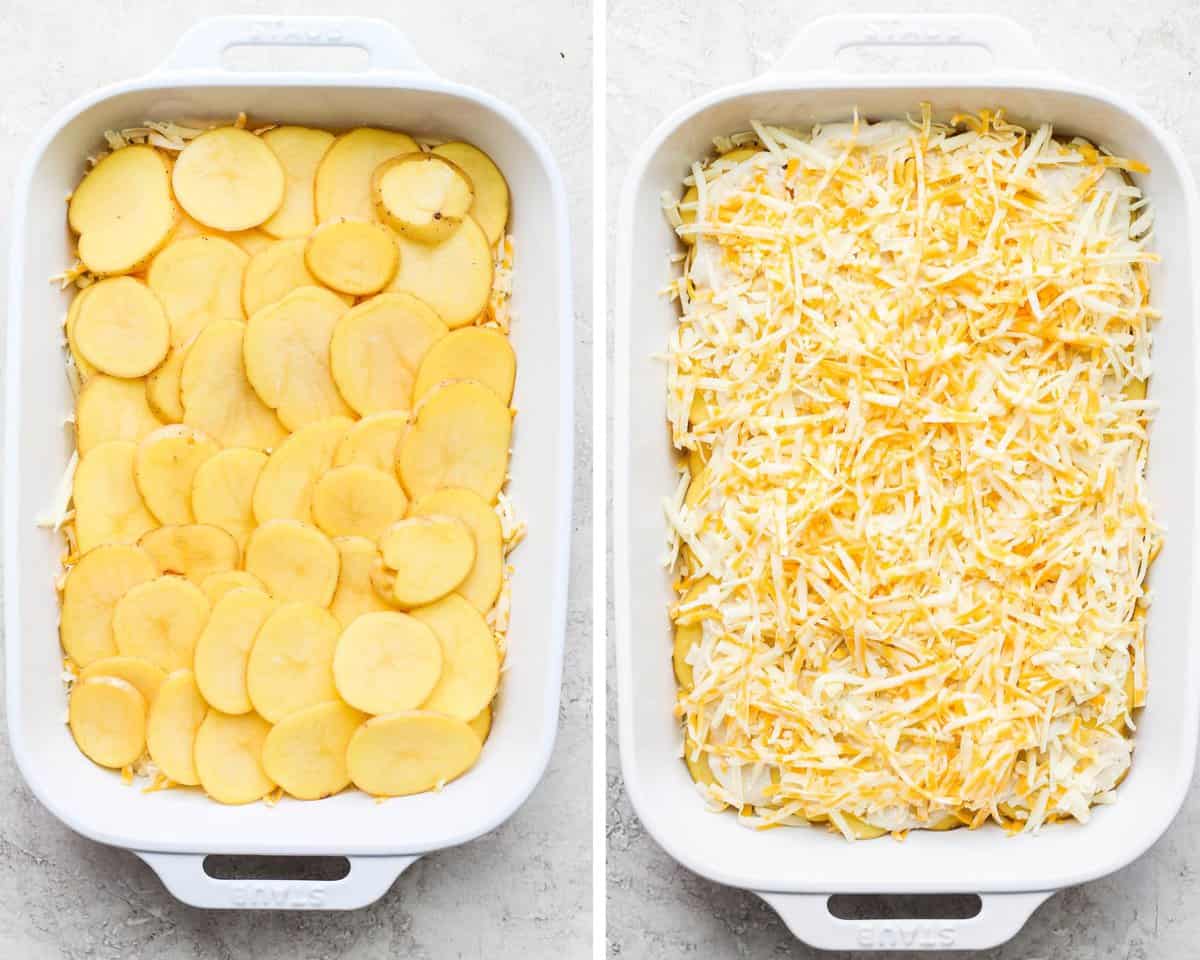 Two images showing the rest of the potatoes added and then the rest of the cheese placed on top.