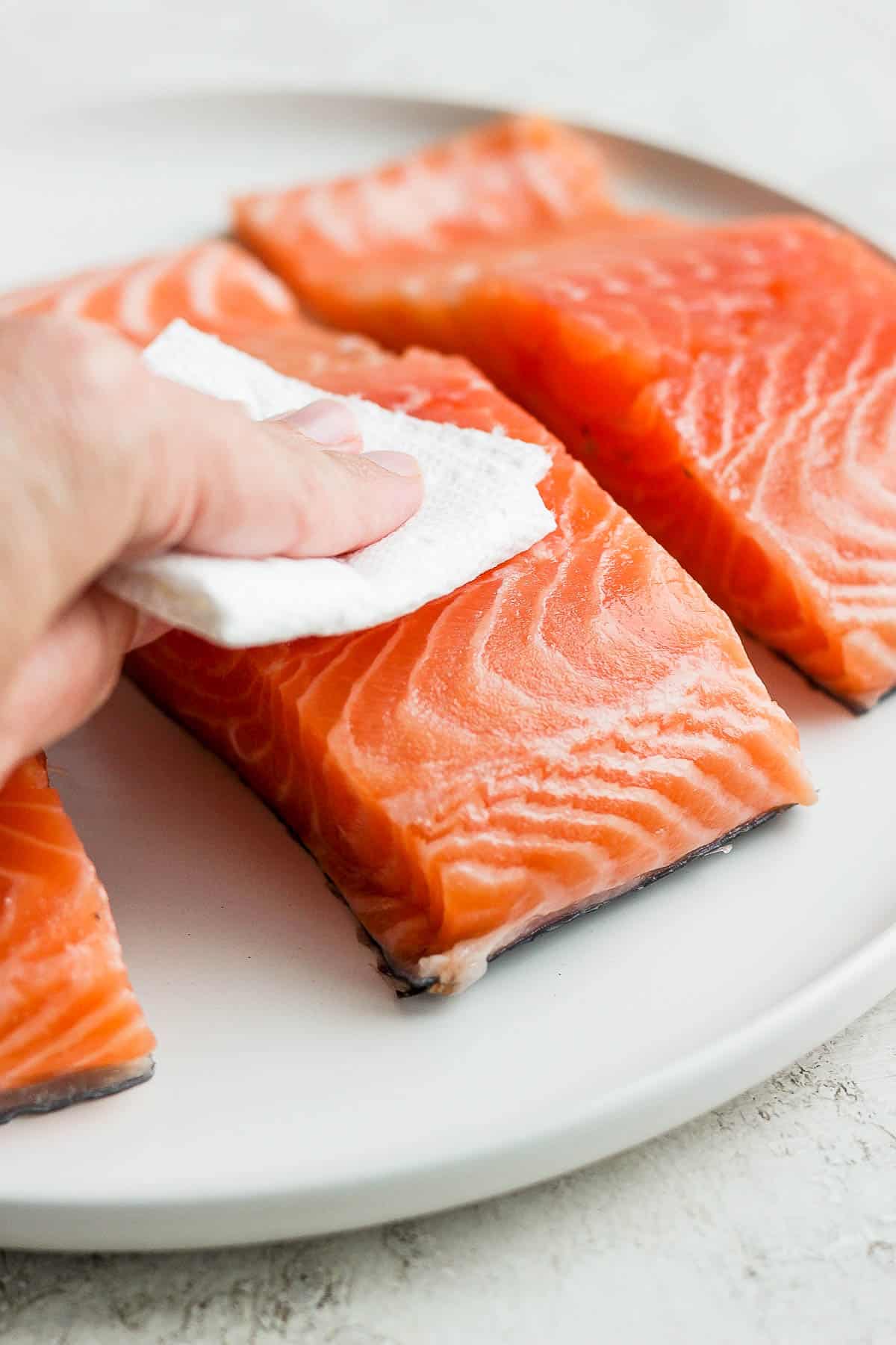Two salmon filets on a plate being patted dry with a clean paper towel.