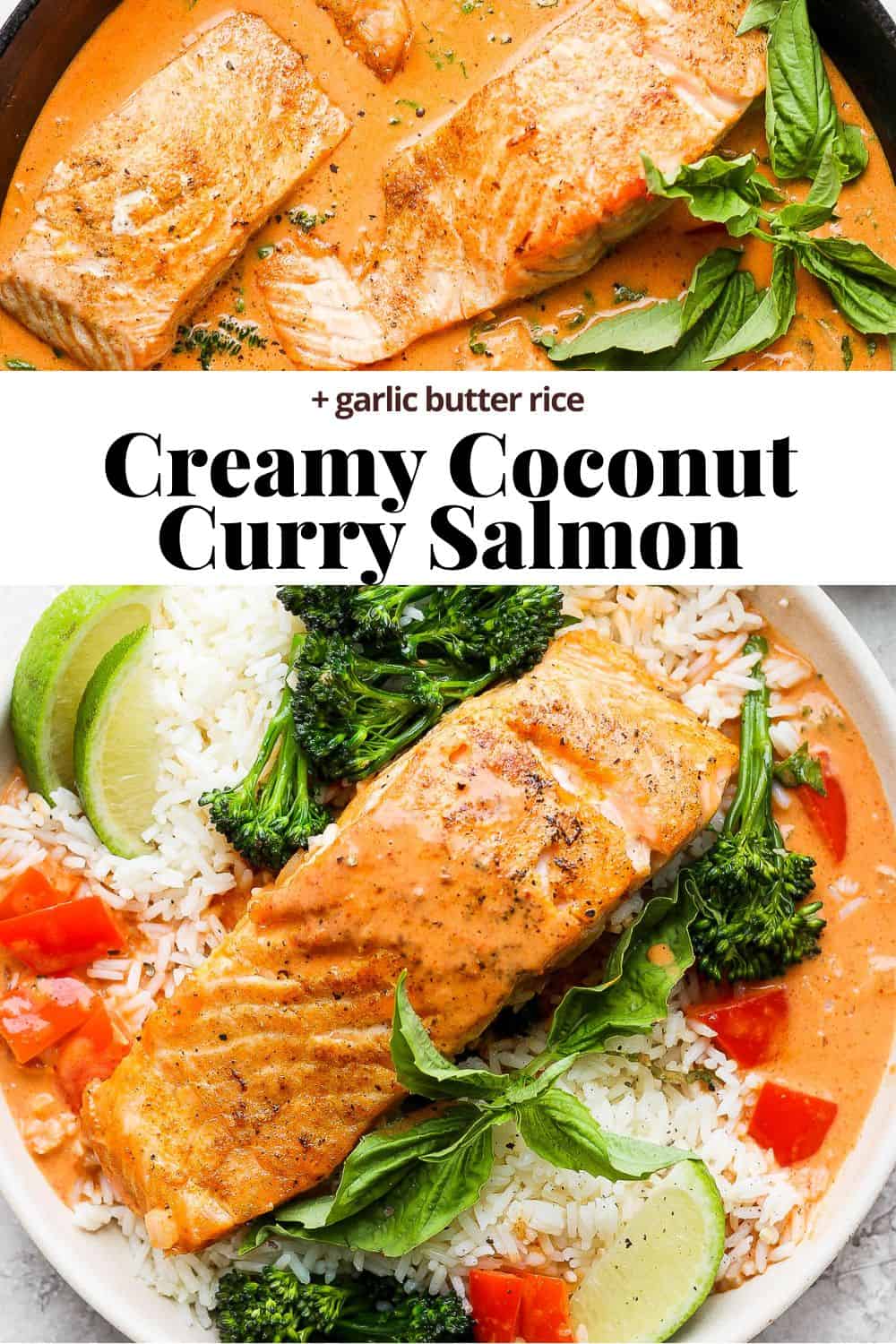 Pinterest image showing salmon fillets in a the cast iron skillet, the recipe title, and the finished dish on a plate.