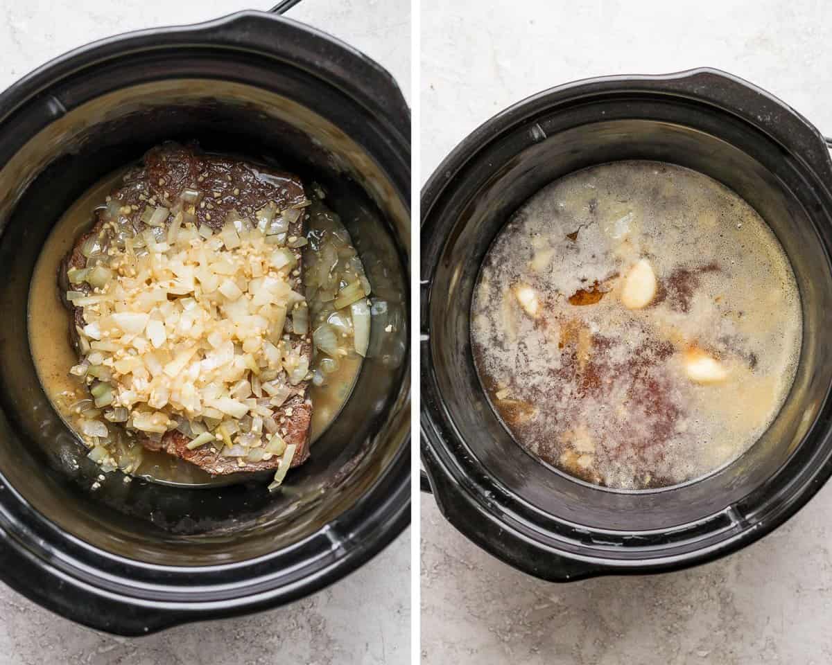 Two images showing the roast, garlic, and onions in the slow cooker and then the broth with the rest of the ingredients added to the pot.
