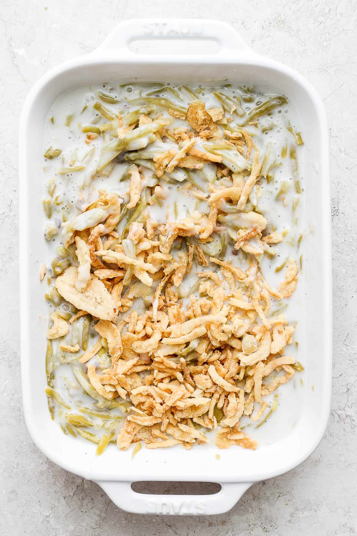 A half cup of french fried onions added to the baking dish.