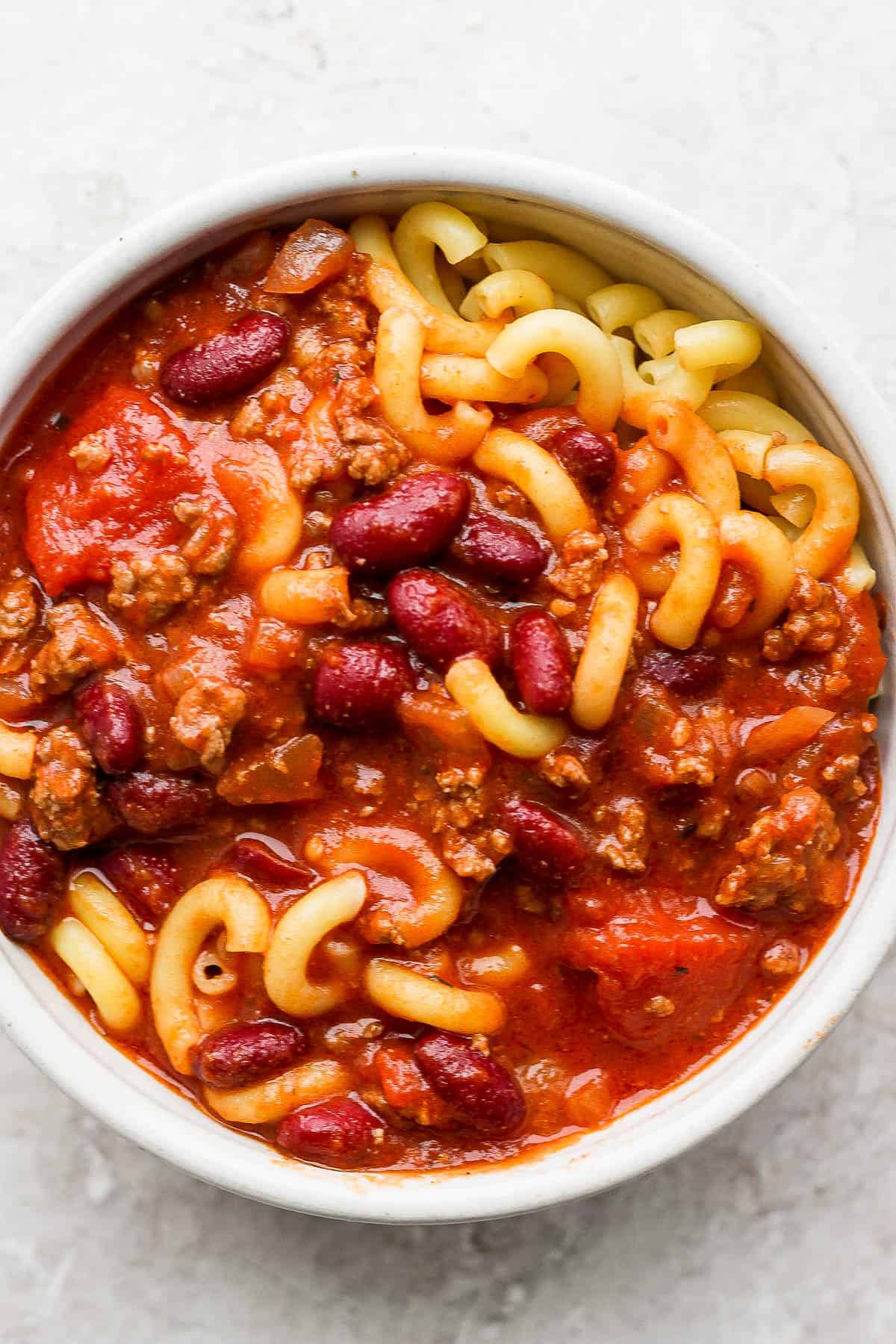 Goulash in a bowl with elbow macaroni noodles.