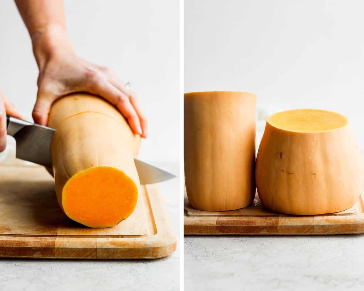 Two images showing a butternut squash with the ends cut off and cut in half, widthwise.
