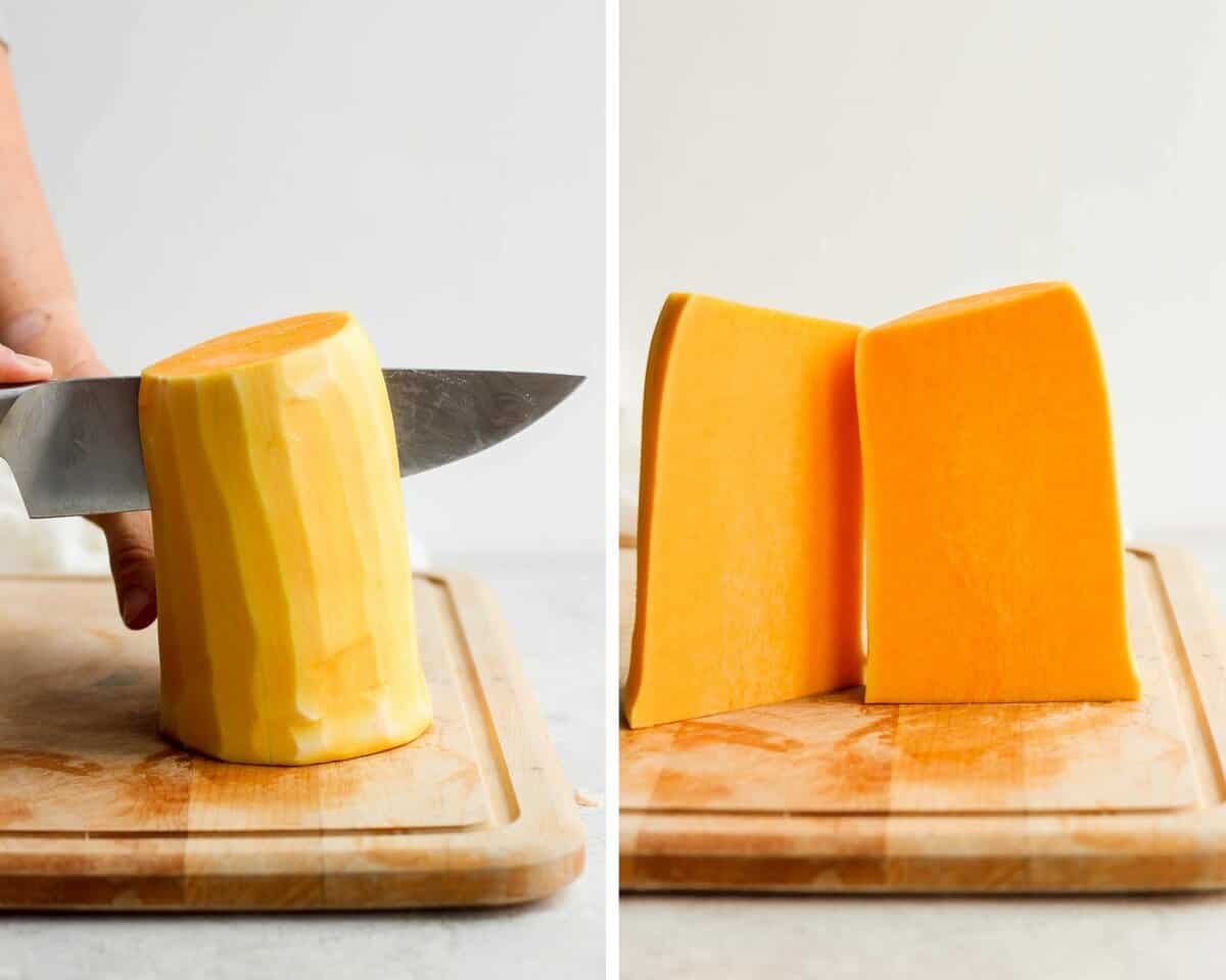Two images showing a butternut squash cut in half, widthwise, and then again, lengthwise.